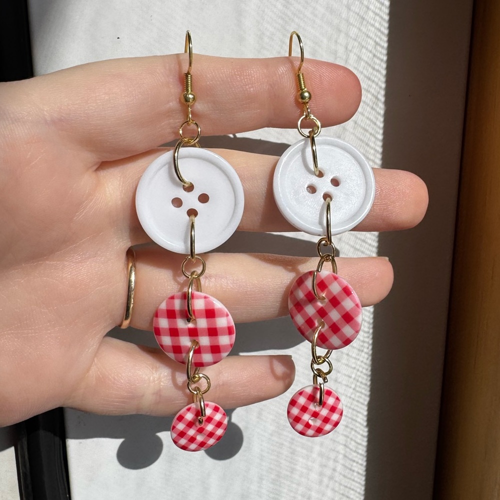 Handmade 2000s inspired red and white gingham button earrings